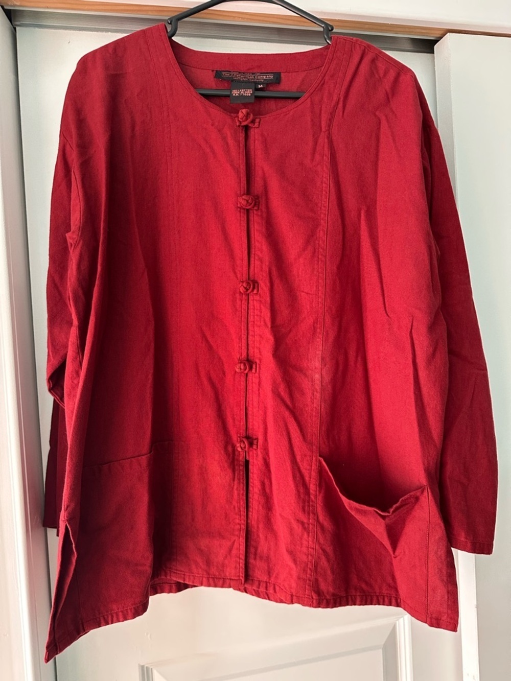 VTG J. Peterman Red Mandarin Cotton Knot Button Front Tunic Asian Inspo Womens M